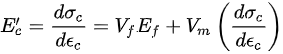 {\displaystyle E_{c}'={\frac {d\sigma _{c}}{d\epsilon _{c}}}=V_{f}E_{f}+V_{m}\left({\frac {d\sigma _{c}}{d\epsilon _{c}}}\right)}